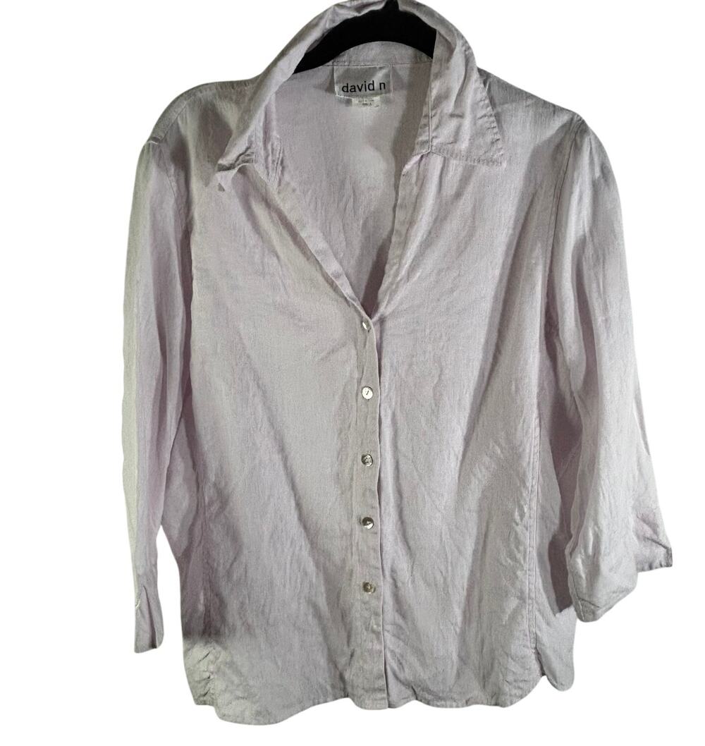 David N 100% Linen Button Front Blouse Pink Long Sleeve Collared Women's L